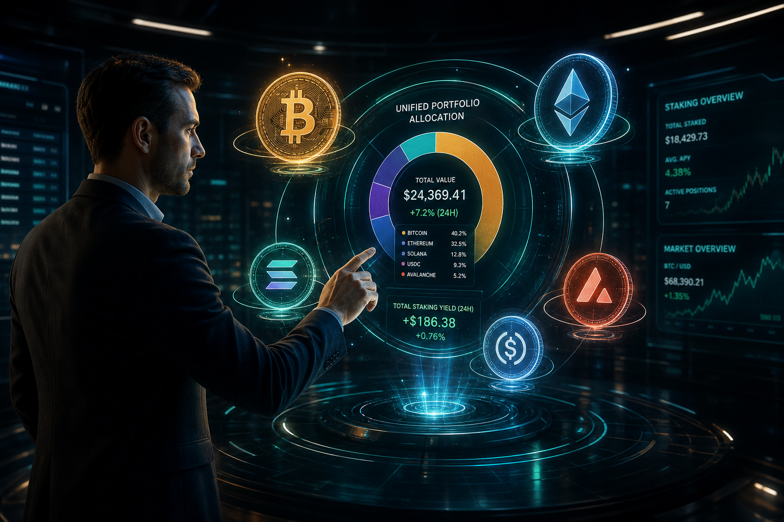 A trader interacting with holographic crypto coins orbiting a unified portfolio allocation hologram