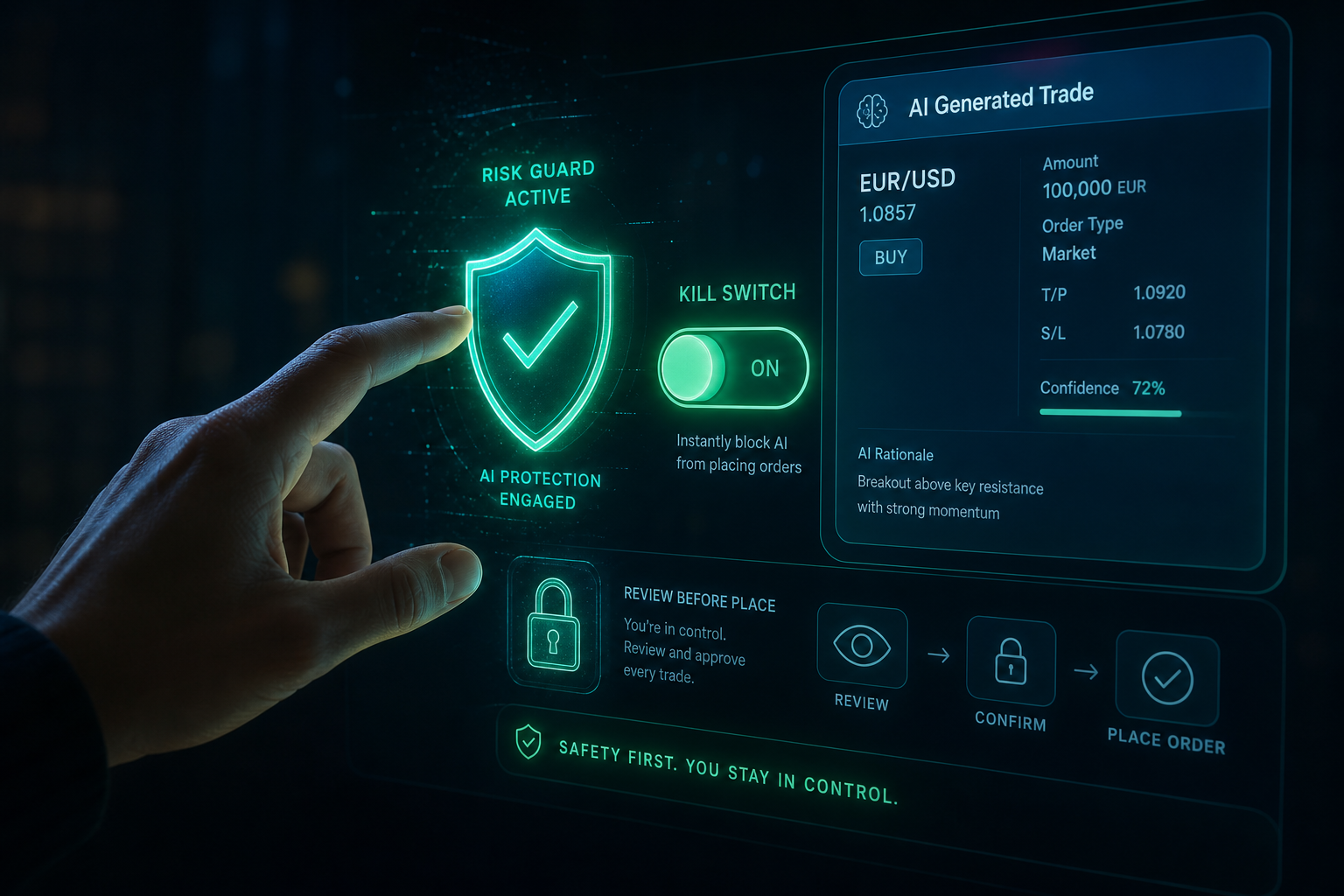 A hand reaching toward a glowing holographic safety shield and kill-switch toggle gating an AI trade