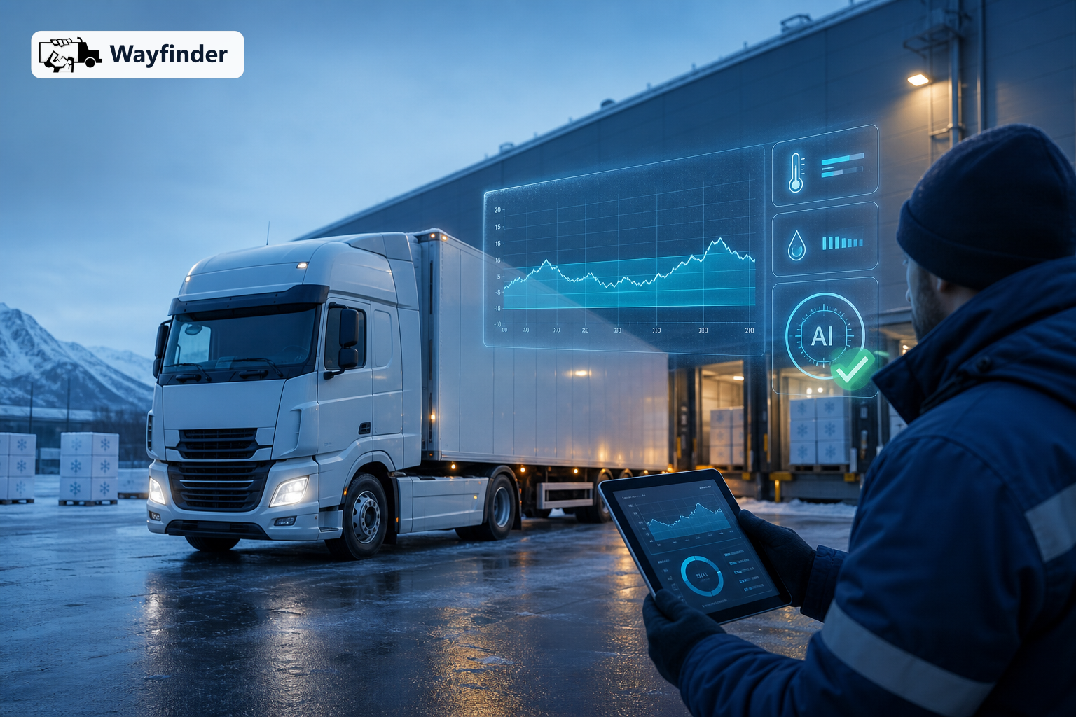 Logistics worker holding a tablet showing live temperature monitoring beside a white refrigerated reefer truck at a pharmaceutical dock, with a holographic temperature graph and AI in-range alert