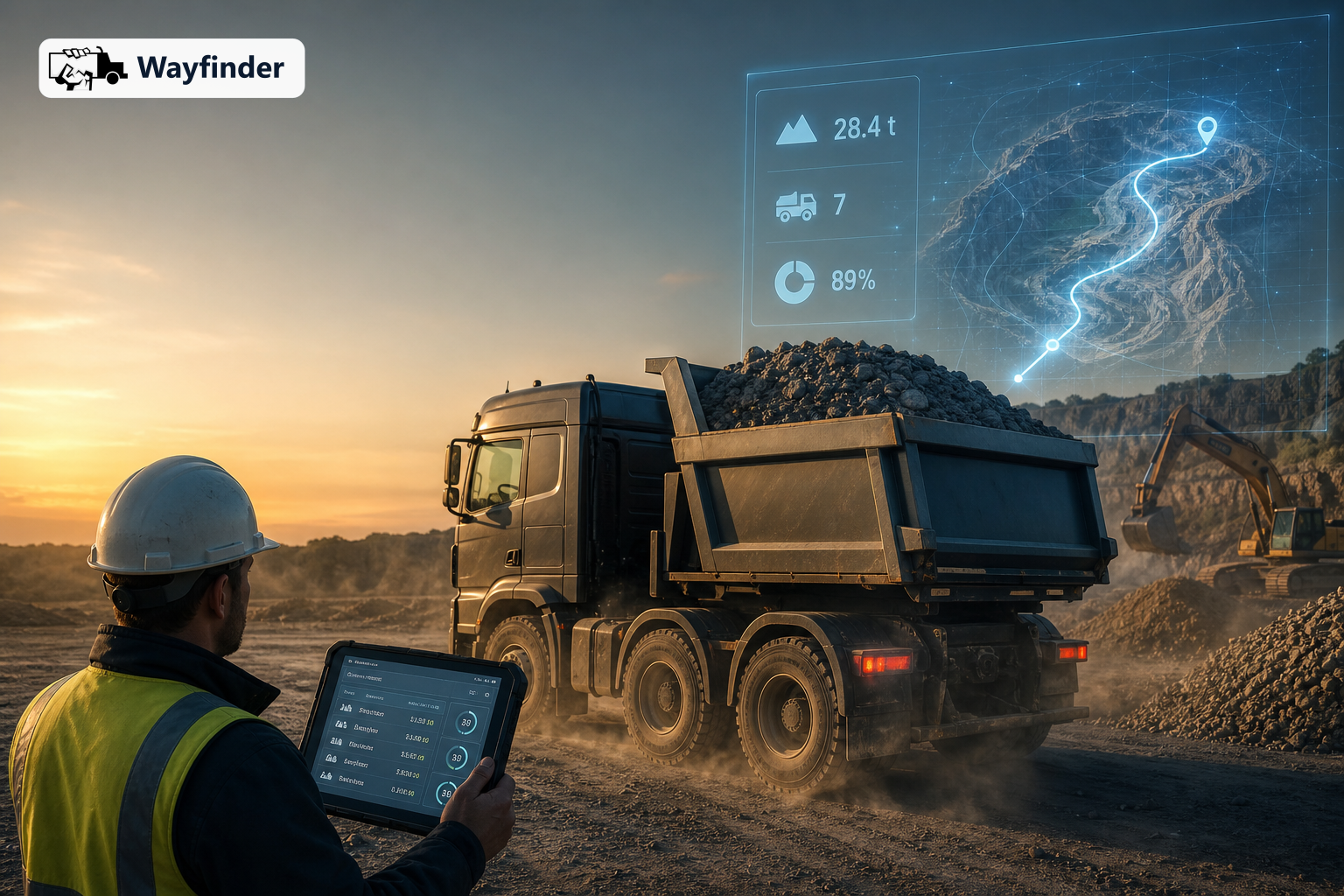 Site supervisor in hi-vis holding a rugged tablet showing a bulk-haulage app beside a loaded tipper dump truck, with a holographic payload, trip-count and AI route-to-quarry overlay
