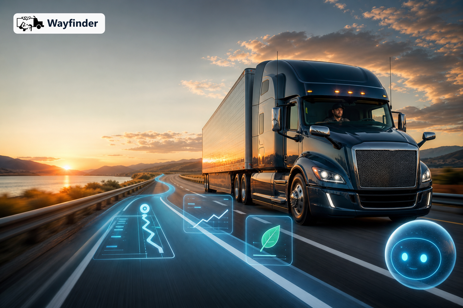 Premium long-haul semi-truck on a highway at golden hour with holographic AI ETA, fuel-saving and optimized-route cards floating along the road