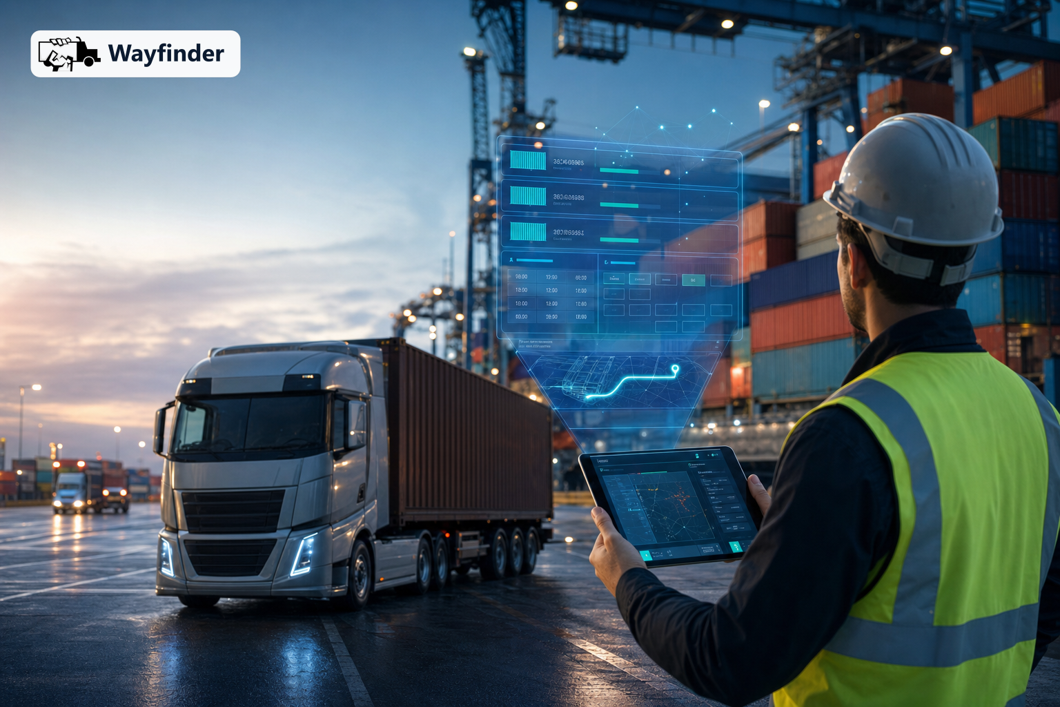 Port worker in hi-vis holding a tablet showing an AI drayage dispatch app beside a premium container truck, with a holographic gate-appointment and route overlay at a container terminal