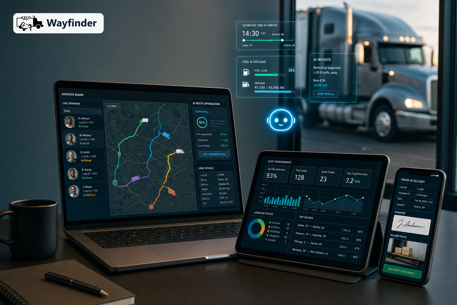 Close-up of a laptop and tablet showing a FleetBlocks dispatch board with a live map and AI route-optimization panel, and a driver's phone showing electronic proof of delivery with a signature and photo