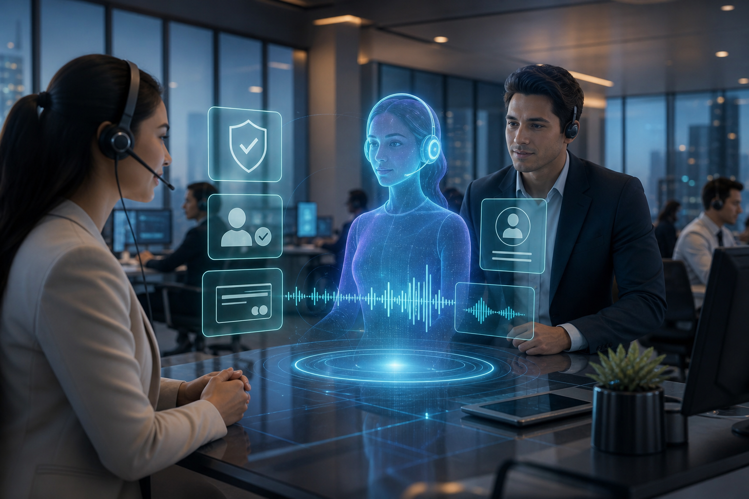 A modern financial services contact center where a holographic AI voice agent handles calls with verification and routing while an advisor assists