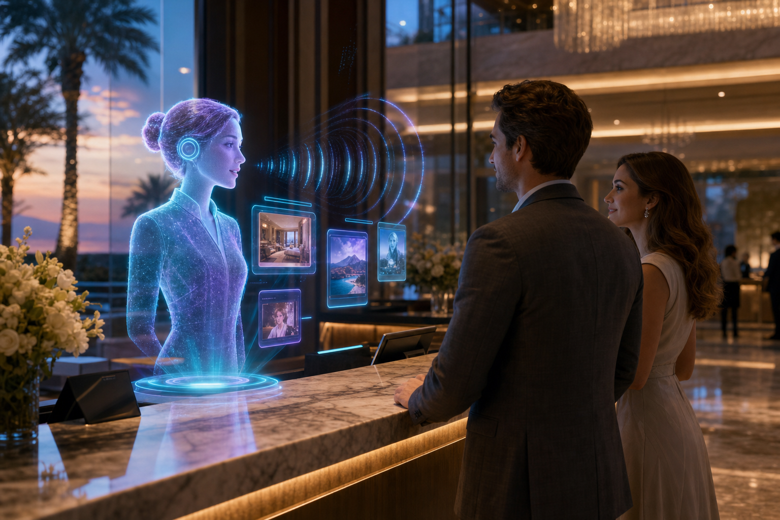 An upscale hotel lobby where a holographic AI voice concierge welcomes guests and handles reservations