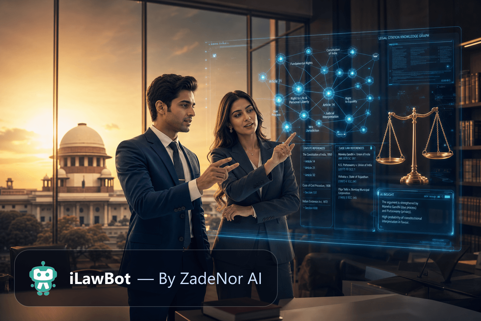 An Indian advocate in black robe and white neckband beside a glowing holographic legal citation knowledge graph and scales of justice, with the Supreme Court dome through a glass wall