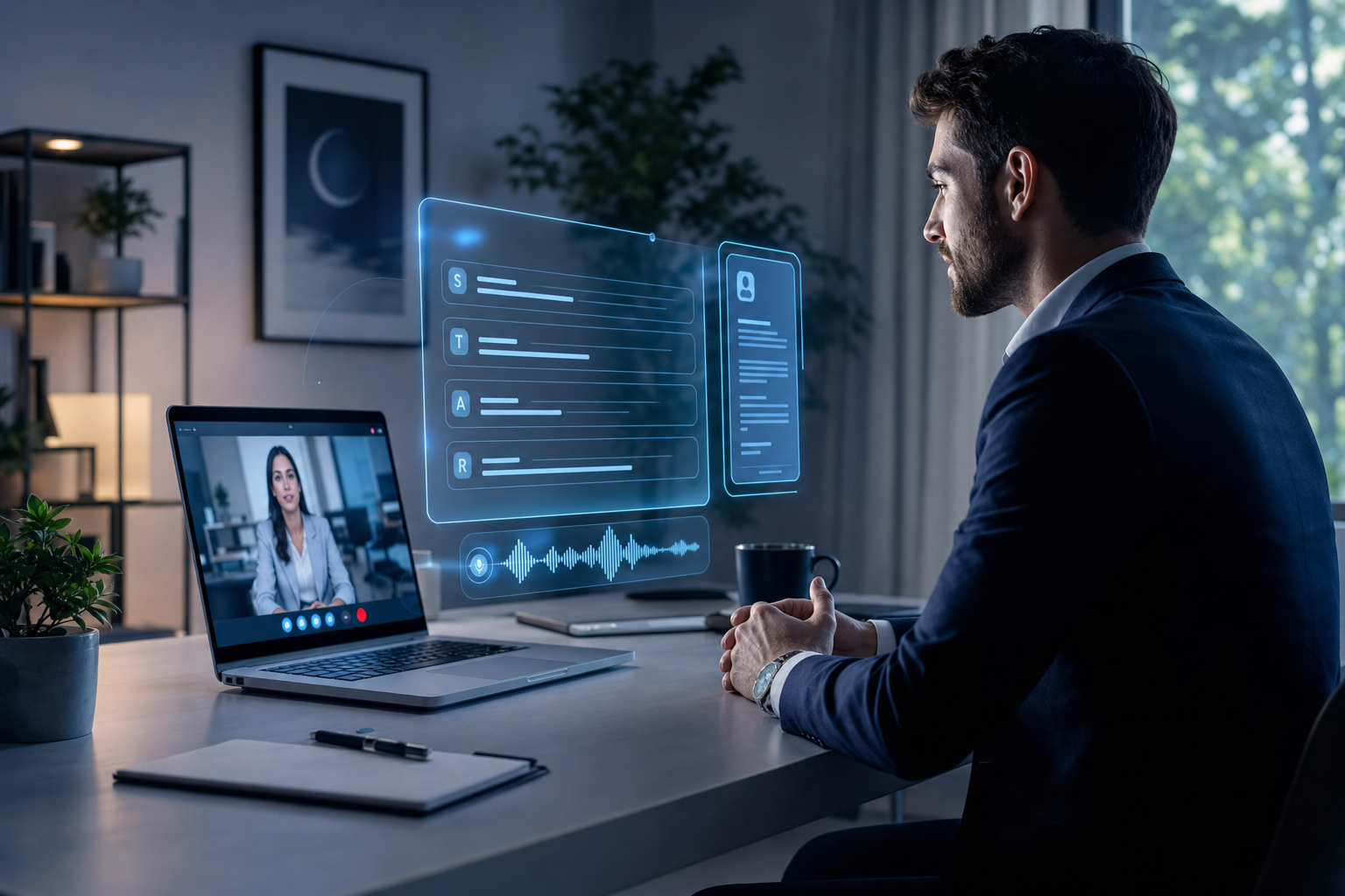 A confident candidate in a live video interview at a sleek desk with a glowing holographic AI copilot panel streaming a structured answer beside the call