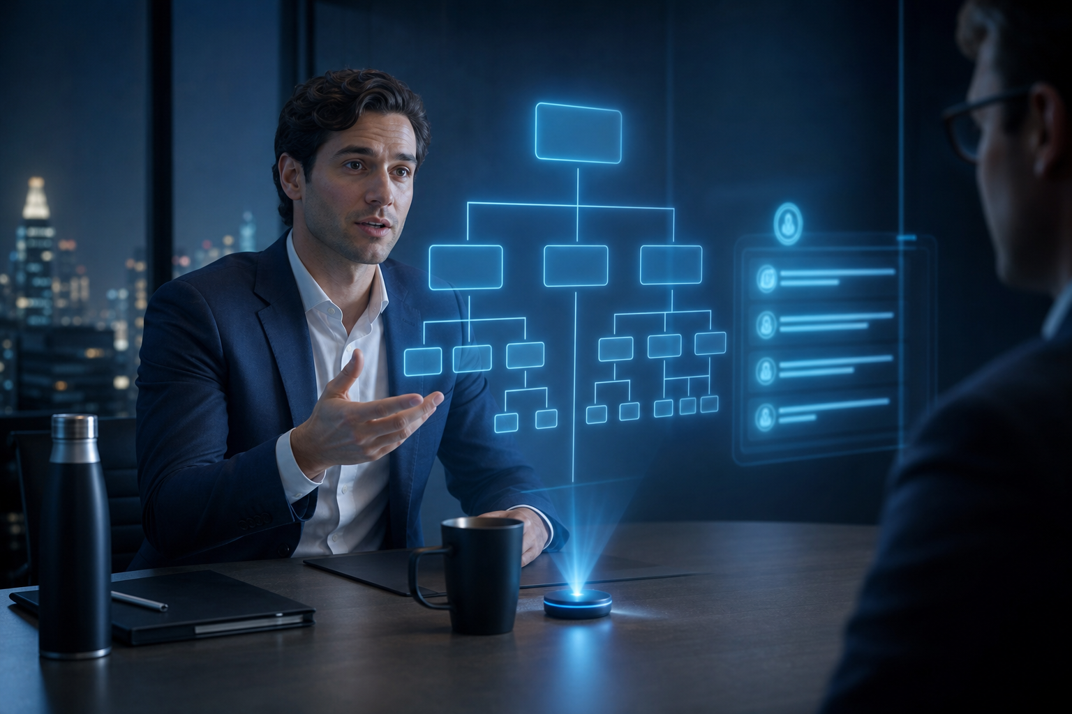 A management consulting candidate working a holographic case-interview profitability tree while an AI copilot suggests a MECE structure