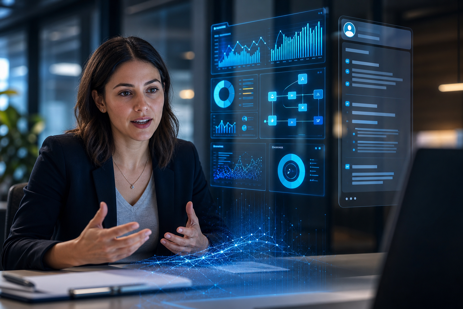 A data scientist in a live interview beside a holographic dashboard of charts while an AI copilot streams a structured answer on SQL and modeling