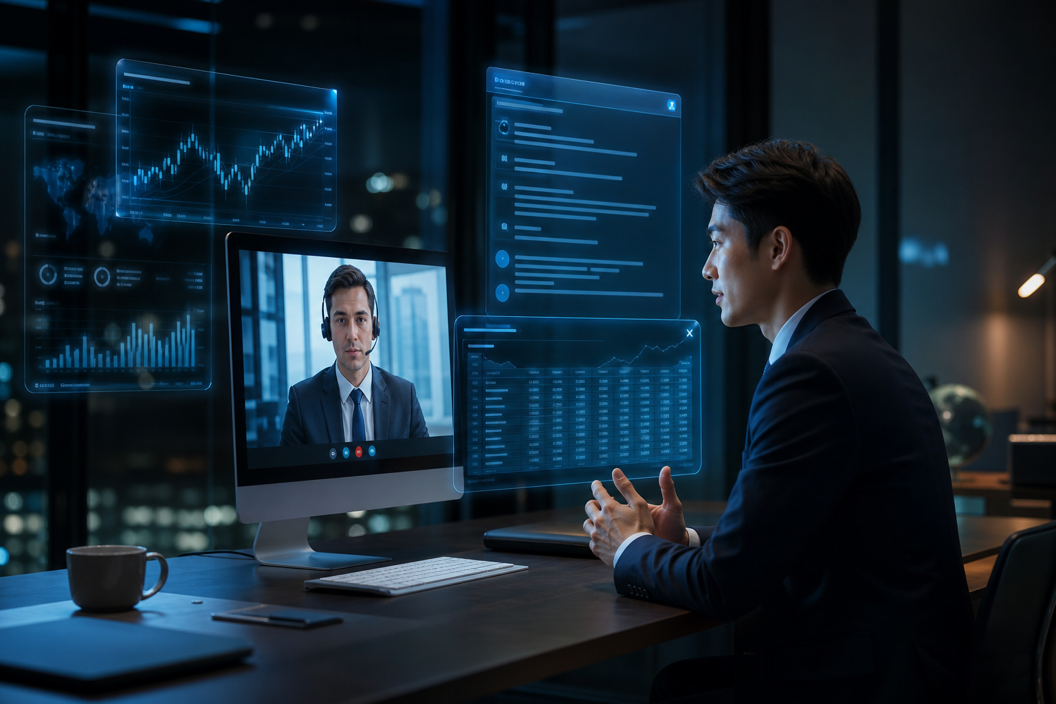 A finance candidate in a live interview with holographic financial charts and an AI copilot streaming a structured valuation answer
