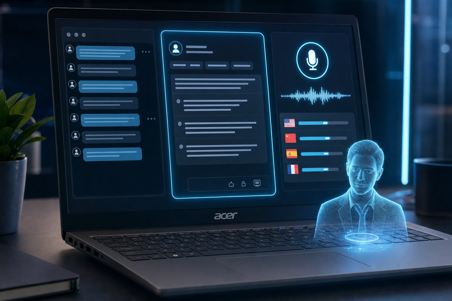 Close-up of the Intervuly workspace on a laptop showing a live transcript, a structured answer card, and a multilingual voice control, with a holographic interview avatar