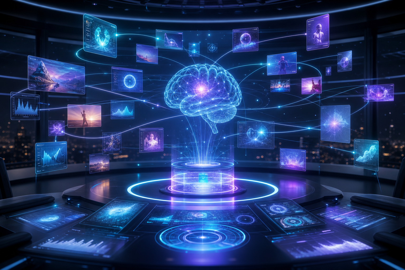 A holographic AI brain orchestrating a constellation of floating social-content panels, videos and analytics charts into a unified publishing core in a sleek command center