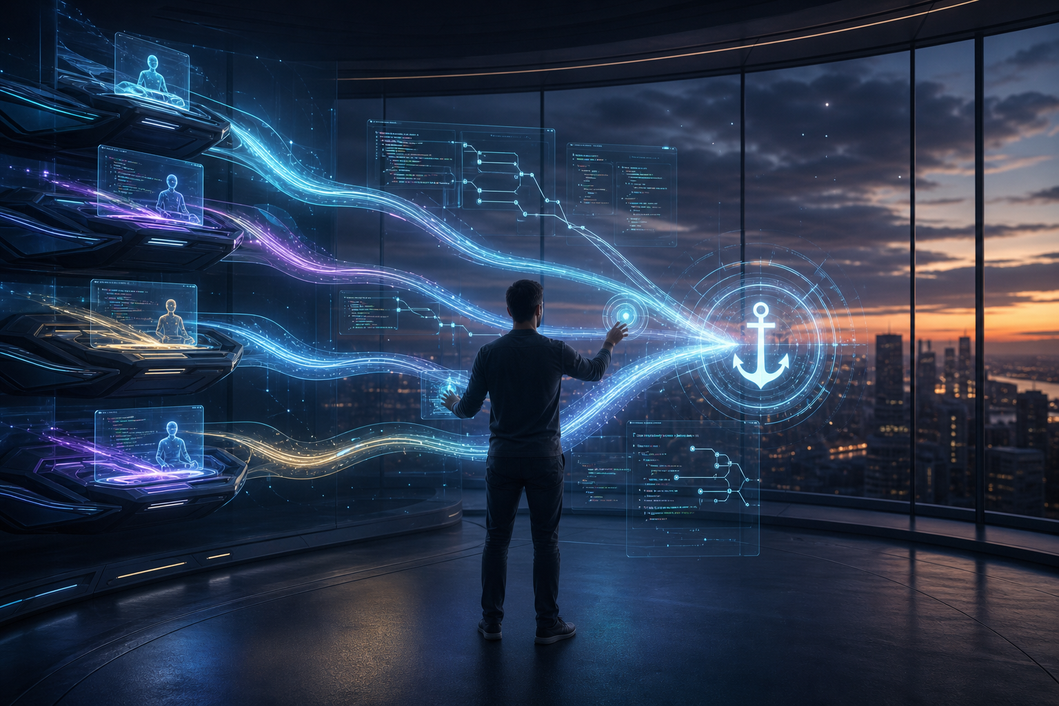 A developer in a command center orchestrating multiple parallel AI coding agents in isolated glowing lanes that merge safely into one unified branch, with an anchor emblem
