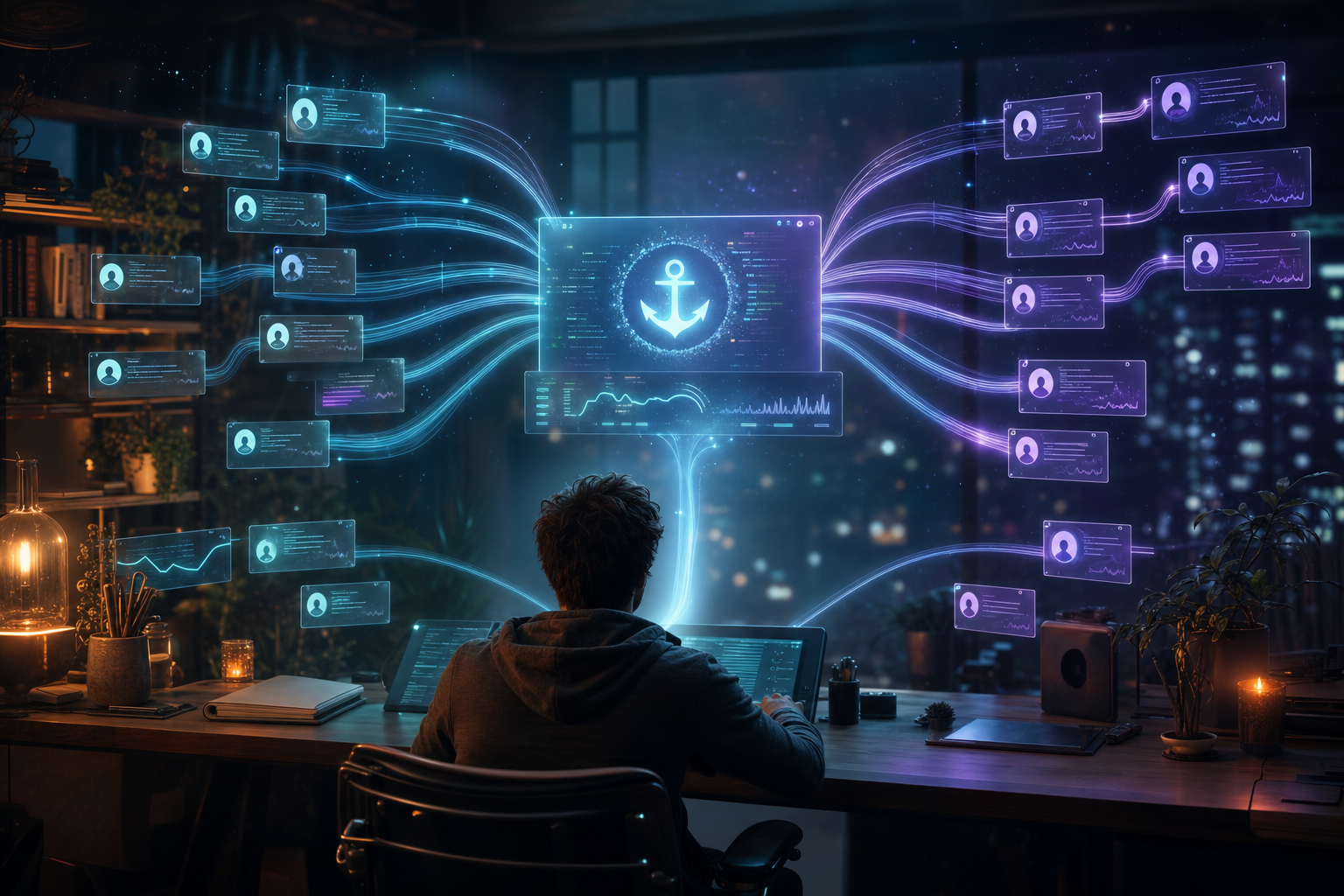 A maintainer at night surrounded by holographic contribution graphs while AI agents review and merge community pull requests into one trusted mainline