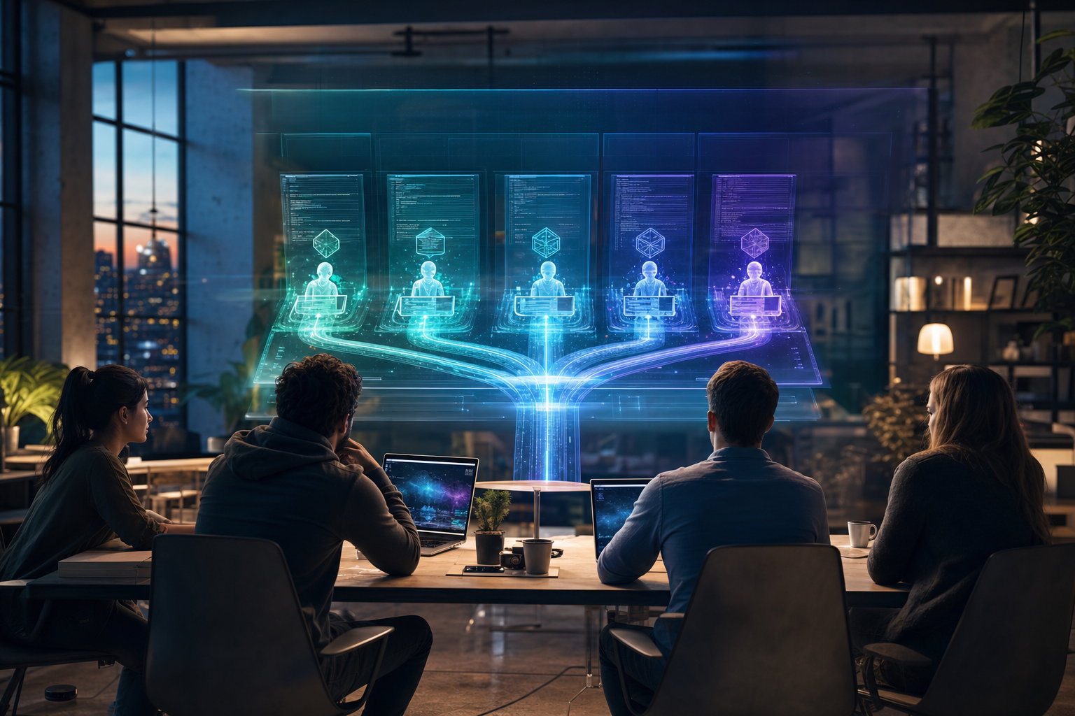 A small startup team before a holographic dashboard where AI agents build features in parallel and merge into one shipping pipeline