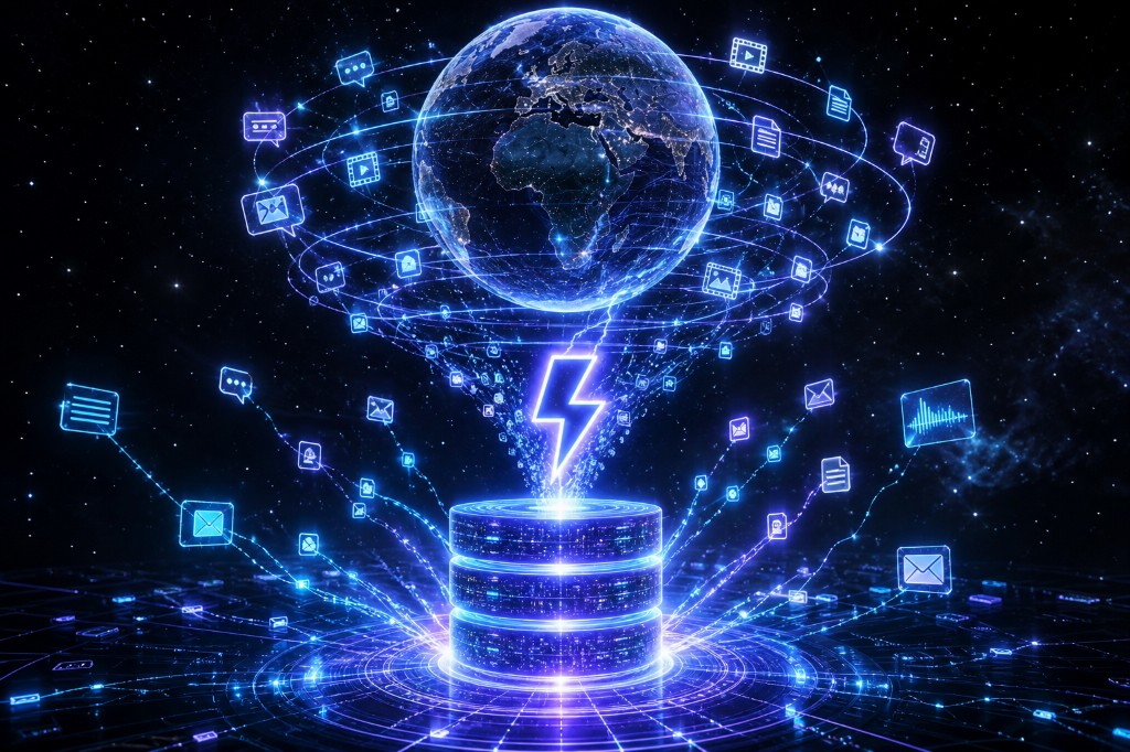 A glowing holographic globe orbited by rings of data-type icons — chat bubbles, documents, images, video, audio and emails — funneling down through an electric blue-violet lightning bolt into a luminous three-disk holographic database core on a tech pedestal, against a dark starfield