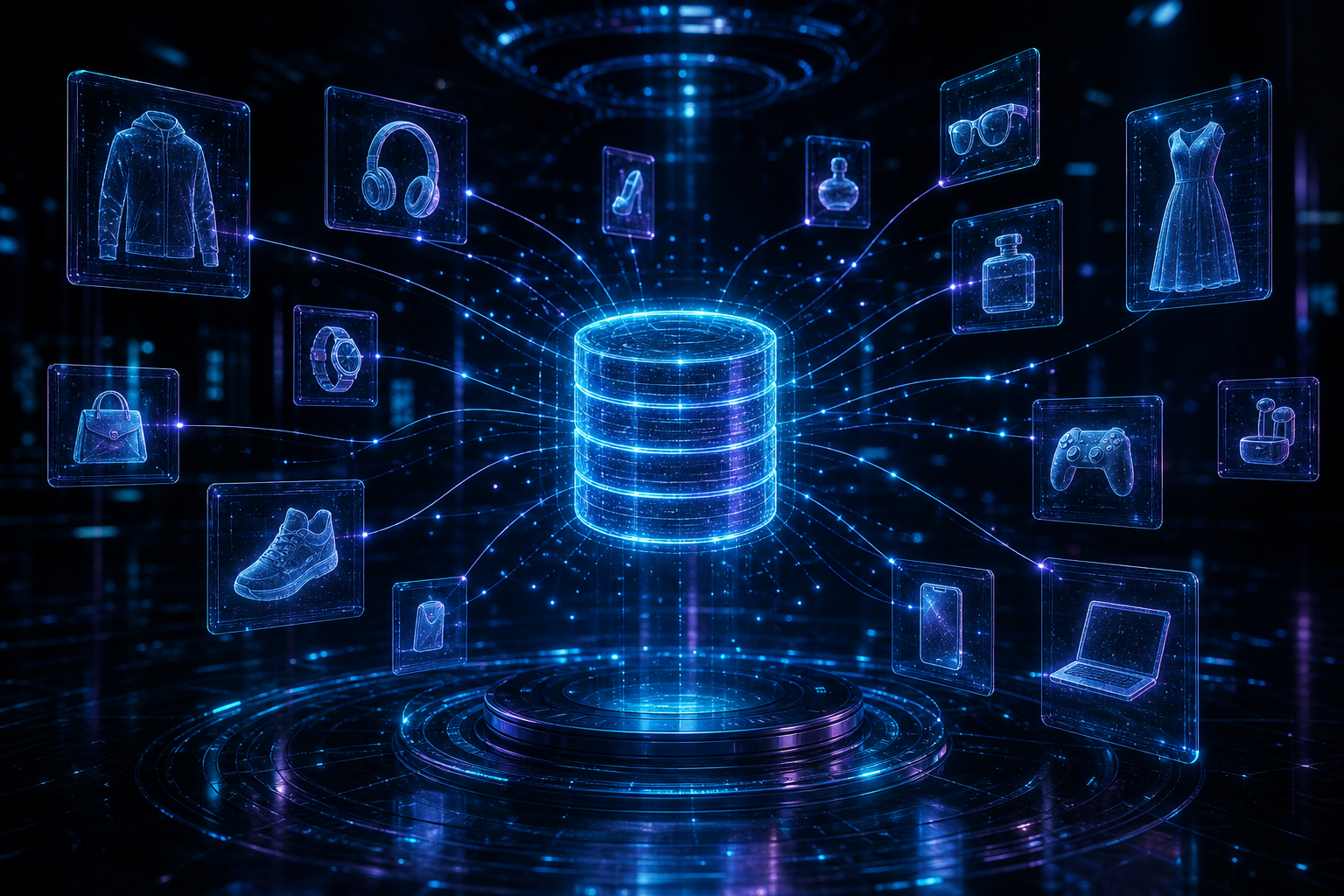A bright, dreamy retail data space where a luminous crystalline database core connects to floating translucent product cards via glowing vector-embedding constellations for semantic search