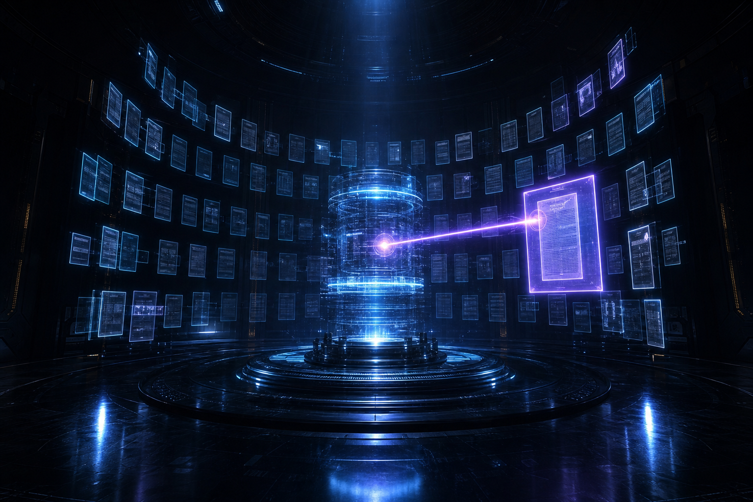 A bright, dreamy knowledge vault where a luminous crystalline database core indexes hundreds of floating holographic documents in a hall of light and instantly retrieves the most relevant passage