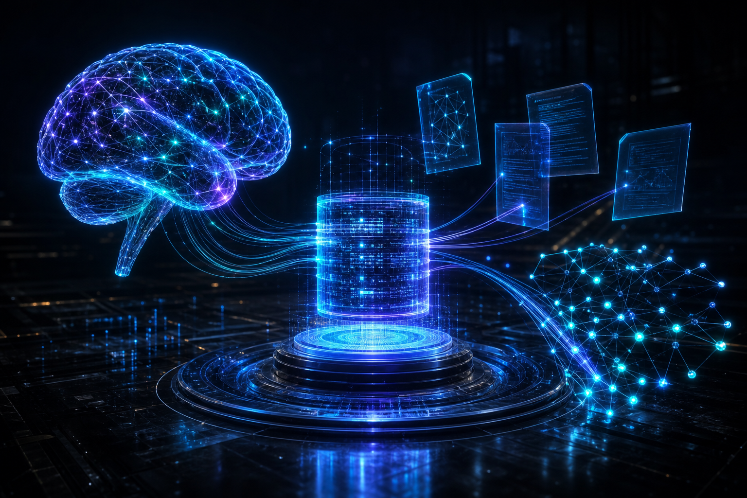 A radiant AI brain of light connected to a luminous crystalline database core, retrieving knowledge from floating translucent document and vector clouds to ground a conversational assistant