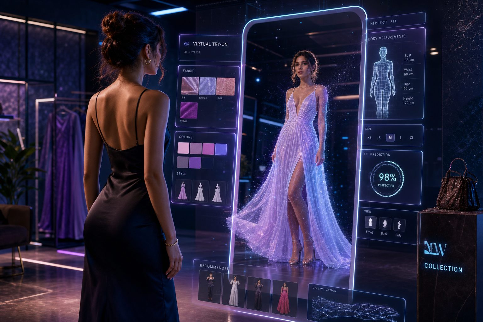 A shopper standing before a glowing smart mirror that renders a holographic 3D garment try-on, with fabric, colorway, and fit controls floating in light